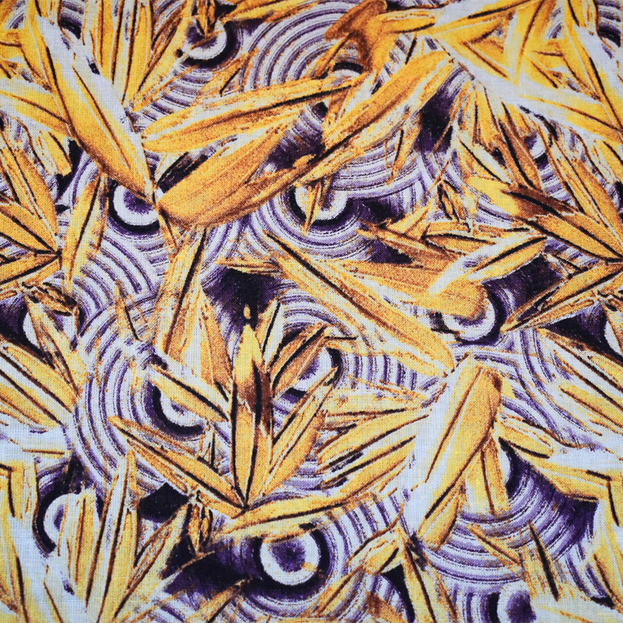 Purple-Yellow-Multi Abstract Whirl Leaf Pattern Printed Linen Woven Fabric By the Yard